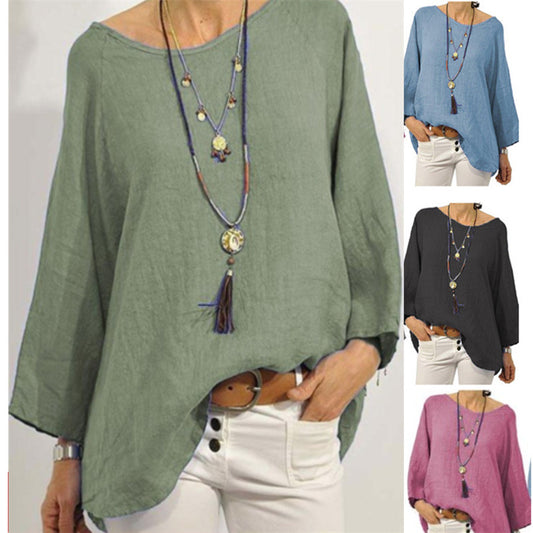 Women's Cotton Linen Blouse Casual Oversized Round Neck Top Loose Fit 3/4 Sleeve Tunic Shirt Boho Style - Seldom Seen Styles