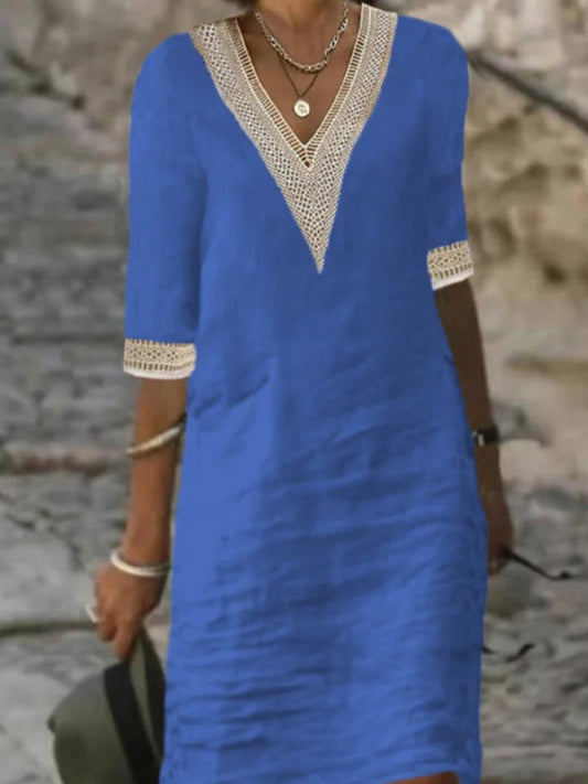 Women's Cotton Linen Dress V-Neck Lace Trim Relaxed Fit 3/4 Sleeve Summer Casual Dress - Seldom Seen Styles