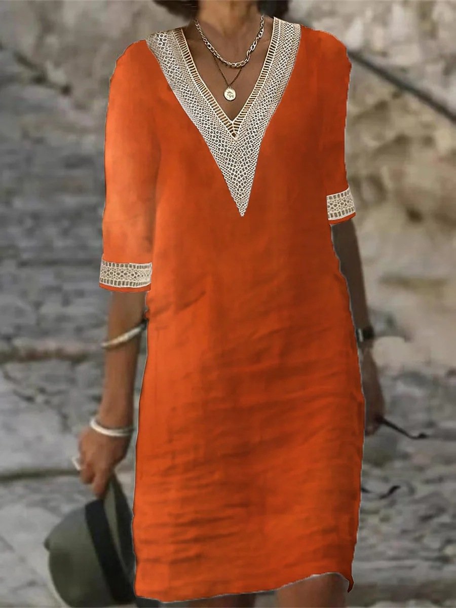 Women's Cotton Linen Dress V-Neck Lace Trim Relaxed Fit 3/4 Sleeve Summer Casual Dress - Seldom Seen Styles