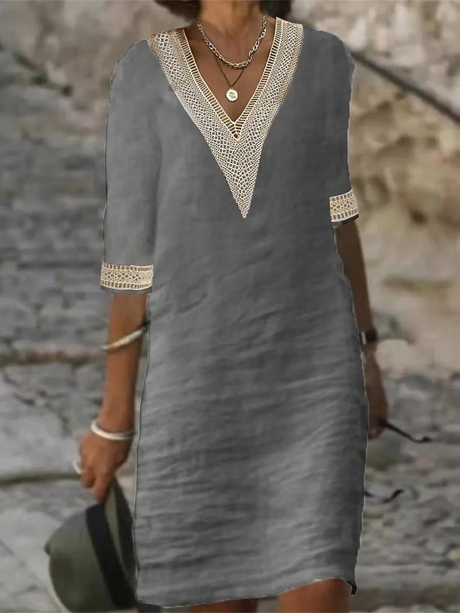 Women's Cotton Linen Dress V-Neck Lace Trim Relaxed Fit 3/4 Sleeve Summer Casual Dress - Seldom Seen Styles