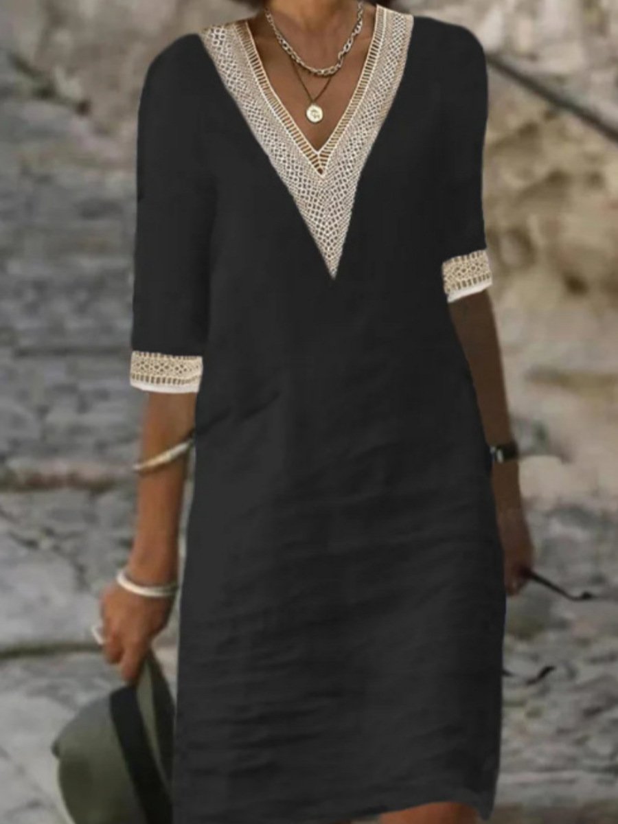 Women's Cotton Linen Dress V-Neck Lace Trim Relaxed Fit 3/4 Sleeve Summer Casual Dress - Seldom Seen Styles