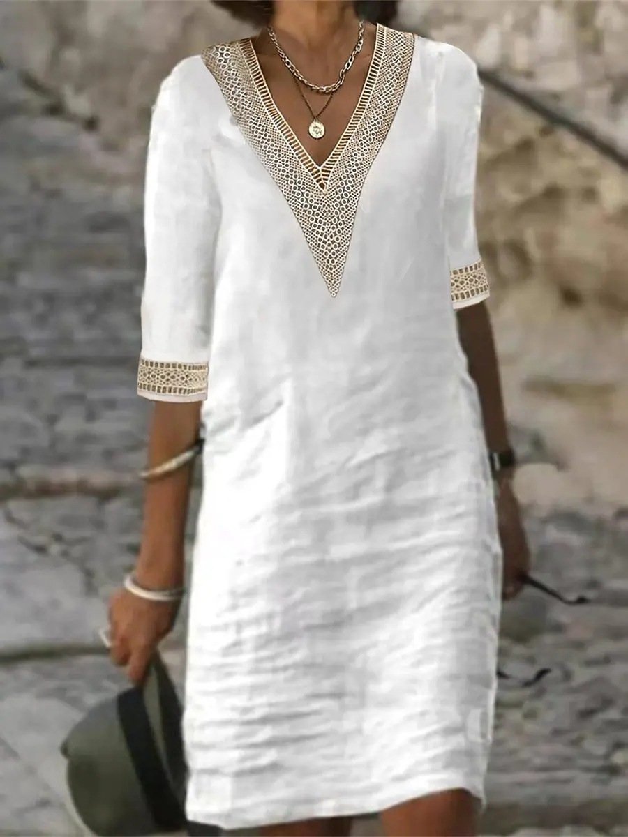 Women's Cotton Linen Dress V-Neck Lace Trim Relaxed Fit 3/4 Sleeve Summer Casual Dress - Seldom Seen Styles