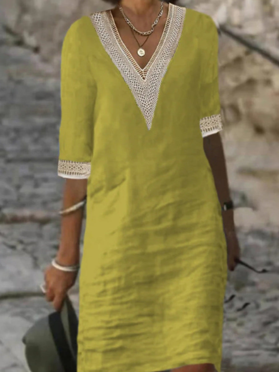 Women's Cotton Linen Dress V-Neck Lace Trim Relaxed Fit 3/4 Sleeve Summer Casual Dress - Seldom Seen Styles