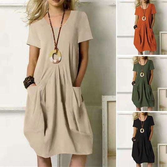 Women's Cotton Linen Loose Midi Dress Casual Short Sleeve Pocket Shift Dress - Seldom Seen Styles