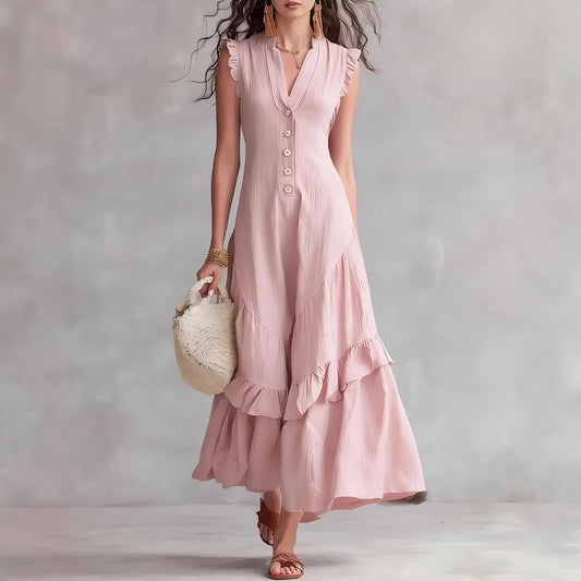 Women's Cotton Linen Maxi Dress Sleeveless V Neck Button Front Ruffle Hem Boho Summer Dress with Pockets - Seldom Seen Styles