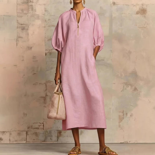 Women's Cotton Linen Midi Dress Puff Sleeve Loose Fit Casual Summer Dress V Neck Boho Maxi Dress with Pockets - Seldom Seen Styles