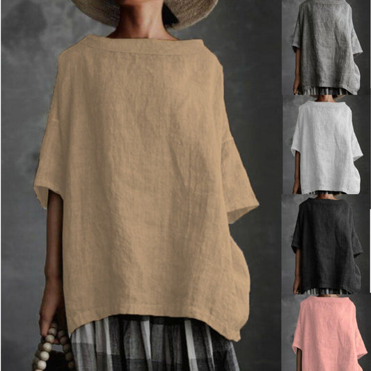 Women's Cotton Linen Round Neck Loose T-Shirt Casual Short Sleeve Solid Color Plus Size Top - Seldom Seen Styles