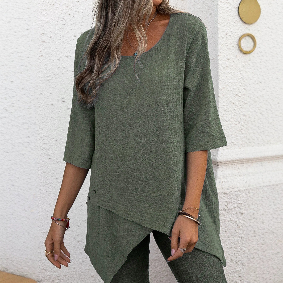 Women's Cotton Linen Tunic Top Casual Round Neck Asymmetrical Hem Blouse Loose Fit 3/4 Sleeve Shirt