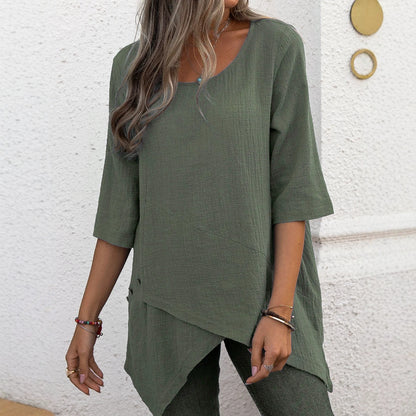 Women's Cotton Linen Tunic Top Casual Round Neck Asymmetrical Hem Blouse Loose Fit 3/4 Sleeve Shirt