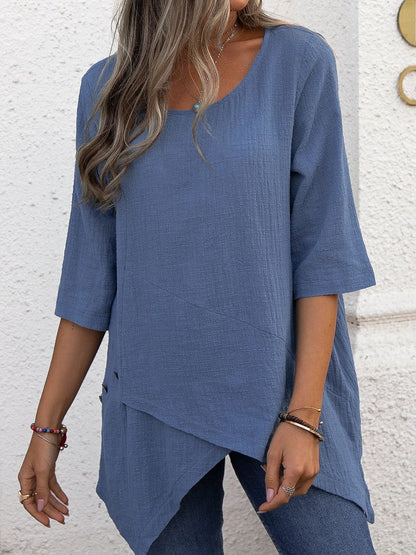 Women's Cotton Linen Tunic Top Casual Round Neck Asymmetrical Hem Blouse Loose Fit 3/4 Sleeve Shirt