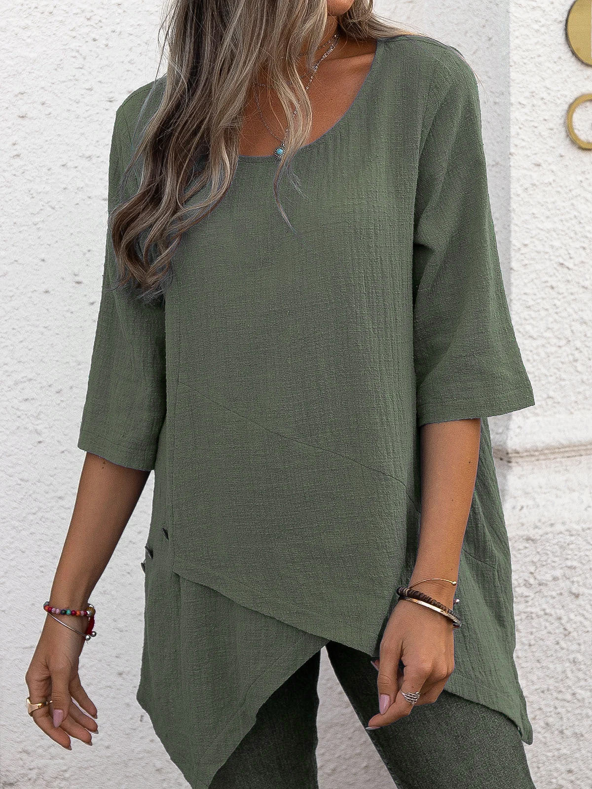 Women's Cotton Linen Tunic Top Casual Round Neck Asymmetrical Hem Blouse Loose Fit 3/4 Sleeve Shirt