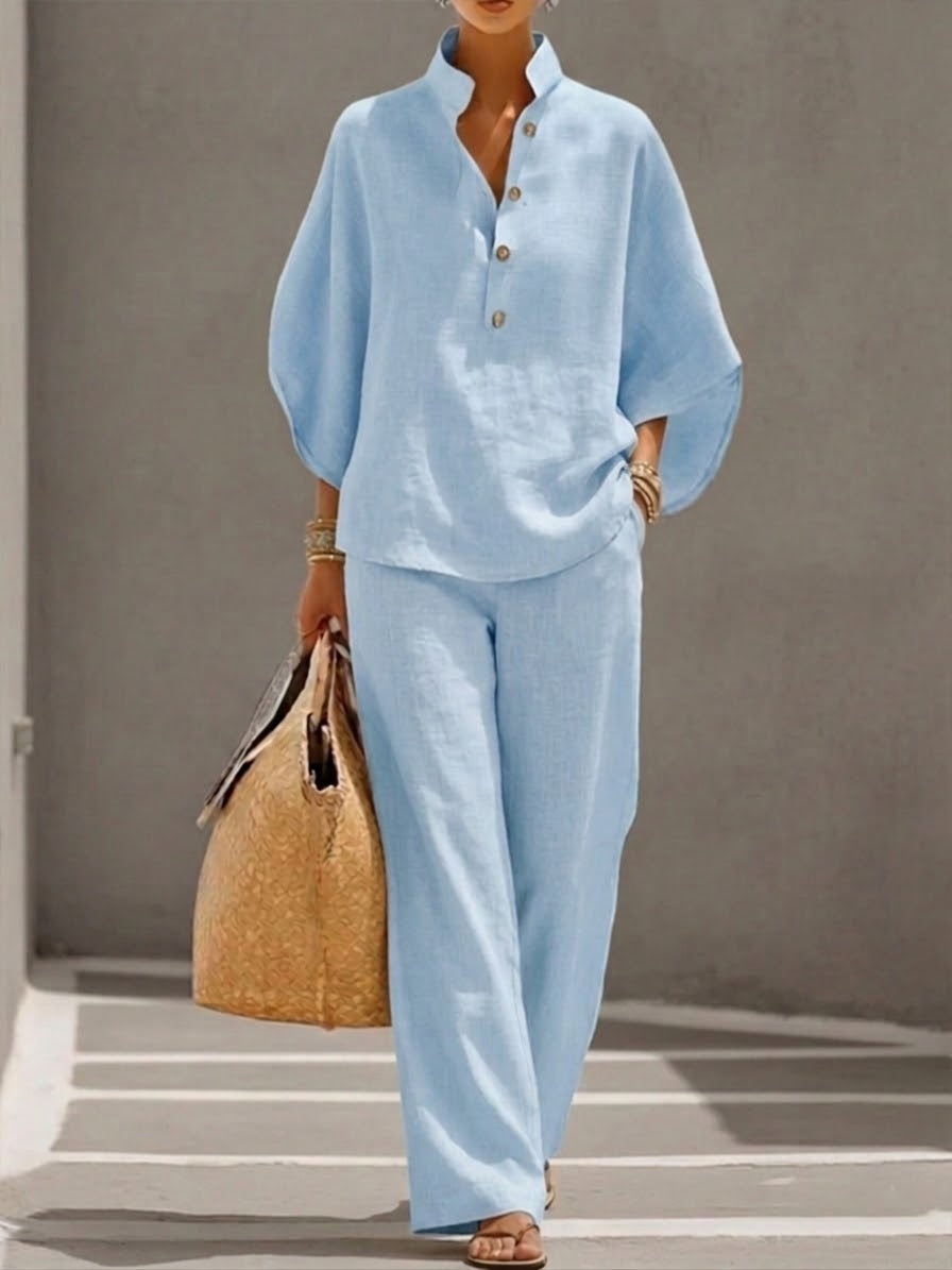 Women's Cotton Linen Two Piece Set Batwing Sleeve Top Wide Leg Pants Flowy Casual Summer Beach Vacation Resort Outfit - Seldom Seen Styles