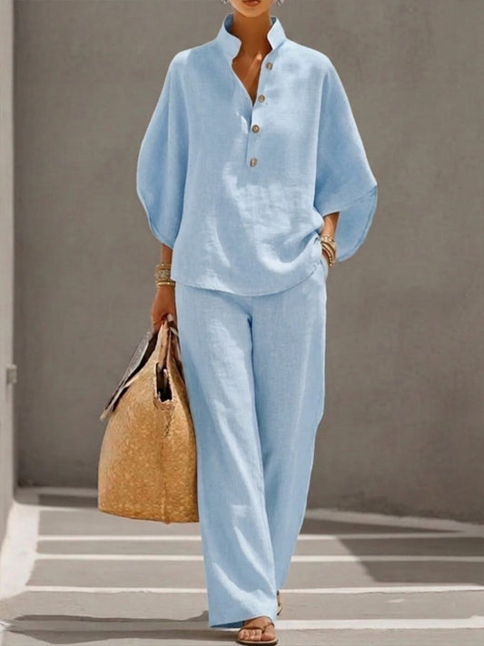 Women's Cotton Linen Two Piece Set Batwing Sleeve Top Wide Leg Pants Flowy Casual Summer Beach Vacation Resort Outfit - Seldom Seen Styles