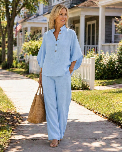 Women's Cotton Linen Two Piece Set Batwing Sleeve Top Wide Leg Pants Flowy Casual Summer Beach Vacation Resort Outfit