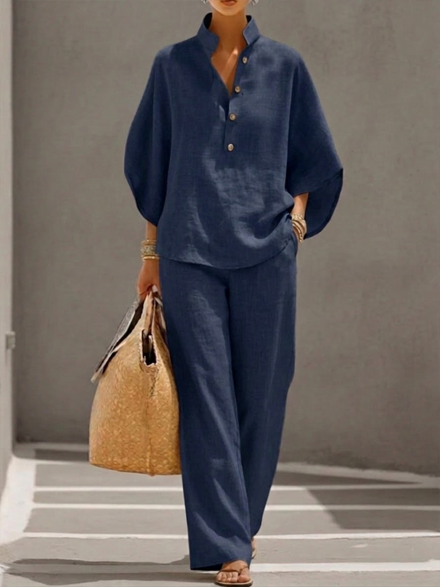 Women's Cotton Linen Two Piece Set Batwing Sleeve Top Wide Leg Pants Flowy Casual Summer Beach Vacation Resort Outfit - Seldom Seen Styles
