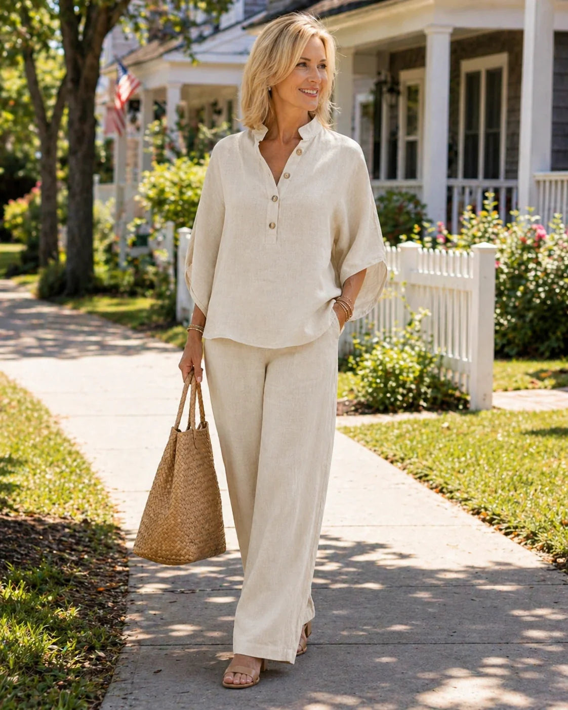 Women's Cotton Linen Two Piece Set Batwing Sleeve Top Wide Leg Pants Flowy Casual Summer Beach Vacation Resort Outfit - Seldom Seen Styles