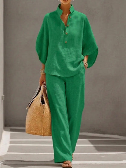 Women's Cotton Linen Two Piece Set Batwing Sleeve Top Wide Leg Pants Flowy Casual Summer Beach Vacation Resort Outfit