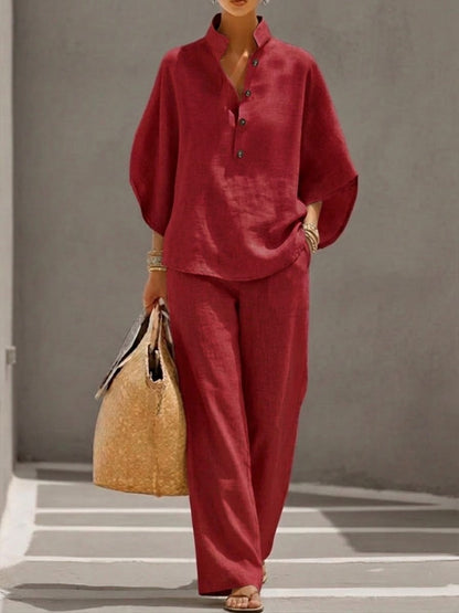 Women's Cotton Linen Two Piece Set Batwing Sleeve Top Wide Leg Pants Flowy Casual Summer Beach Vacation Resort Outfit