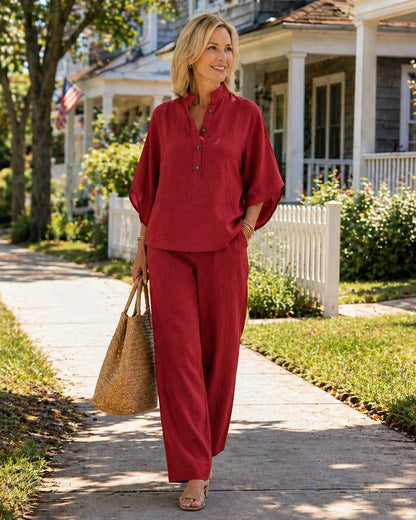 Women's Cotton Linen Two Piece Set Batwing Sleeve Top Wide Leg Pants Flowy Casual Summer Beach Vacation Resort Outfit
