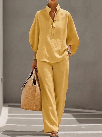 Women's Cotton Linen Two Piece Set Batwing Sleeve Top Wide Leg Pants Flowy Casual Summer Beach Vacation Resort Outfit