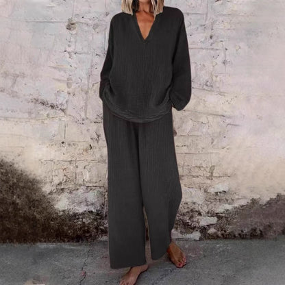Women's Cotton Linen Two Piece Set Casual V Neck Long Sleeve Top and Wide Leg Pants Relaxed Matching Outfit