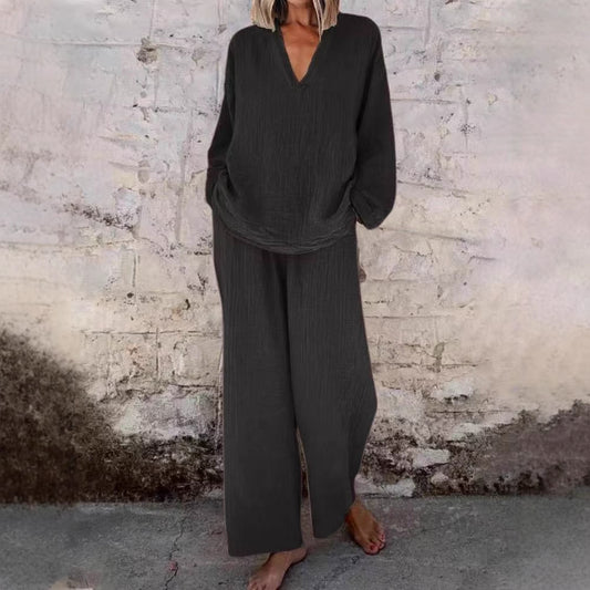 Women's Cotton Linen Two Piece Set Casual V Neck Long Sleeve Top and Wide Leg Pants Relaxed Matching Outfit - Seldom Seen Styles