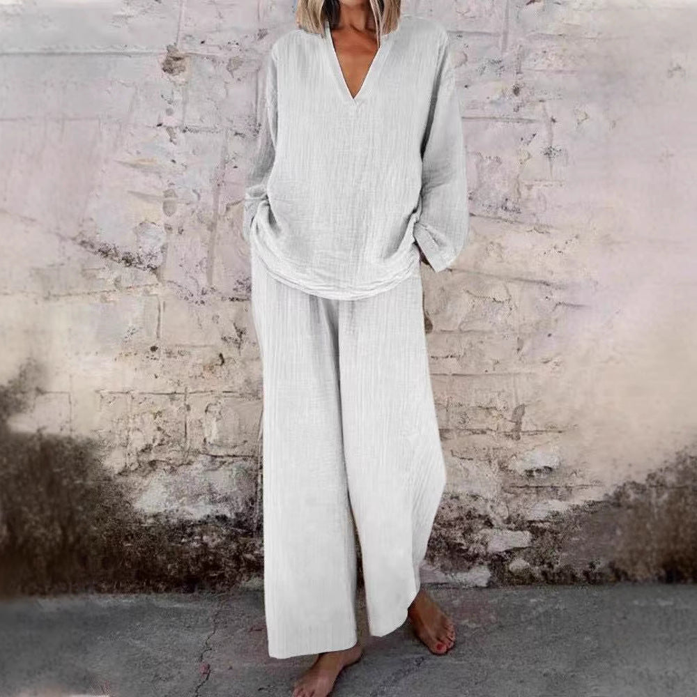 Women's Cotton Linen Two Piece Set Casual V Neck Long Sleeve Top and Wide Leg Pants Relaxed Matching Outfit - Seldom Seen Styles