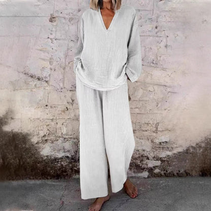 Women's Cotton Linen Two Piece Set Casual V Neck Long Sleeve Top and Wide Leg Pants Relaxed Matching Outfit