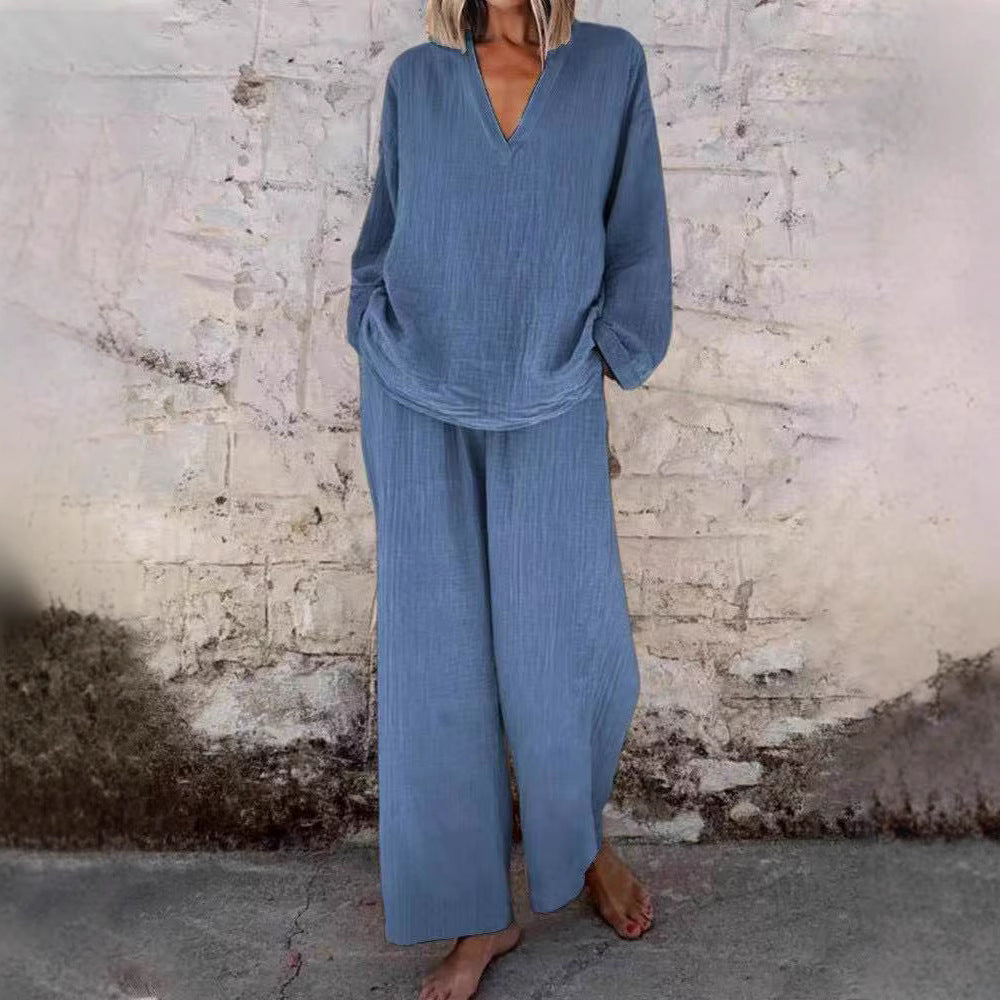 Women's Cotton Linen Two Piece Set Casual V Neck Long Sleeve Top and Wide Leg Pants Relaxed Matching Outfit - Seldom Seen Styles