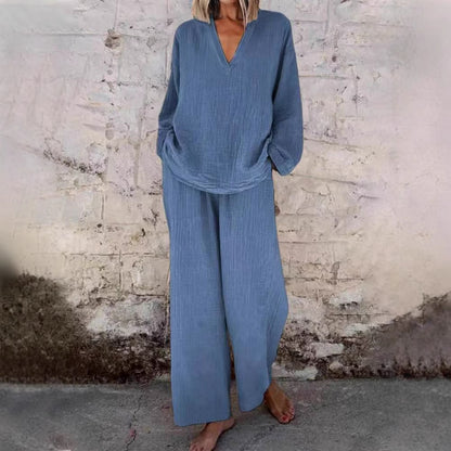 Women's Cotton Linen Two Piece Set Casual V Neck Long Sleeve Top and Wide Leg Pants Relaxed Matching Outfit