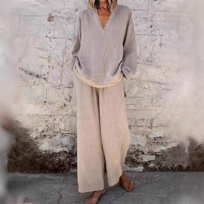 Women's Cotton Linen Two Piece Set Casual V Neck Long Sleeve Top and Wide Leg Pants Relaxed Matching Outfit