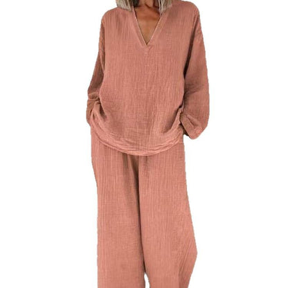 Women's Cotton Linen Two Piece Set Casual V Neck Long Sleeve Top and Wide Leg Pants Relaxed Matching Outfit
