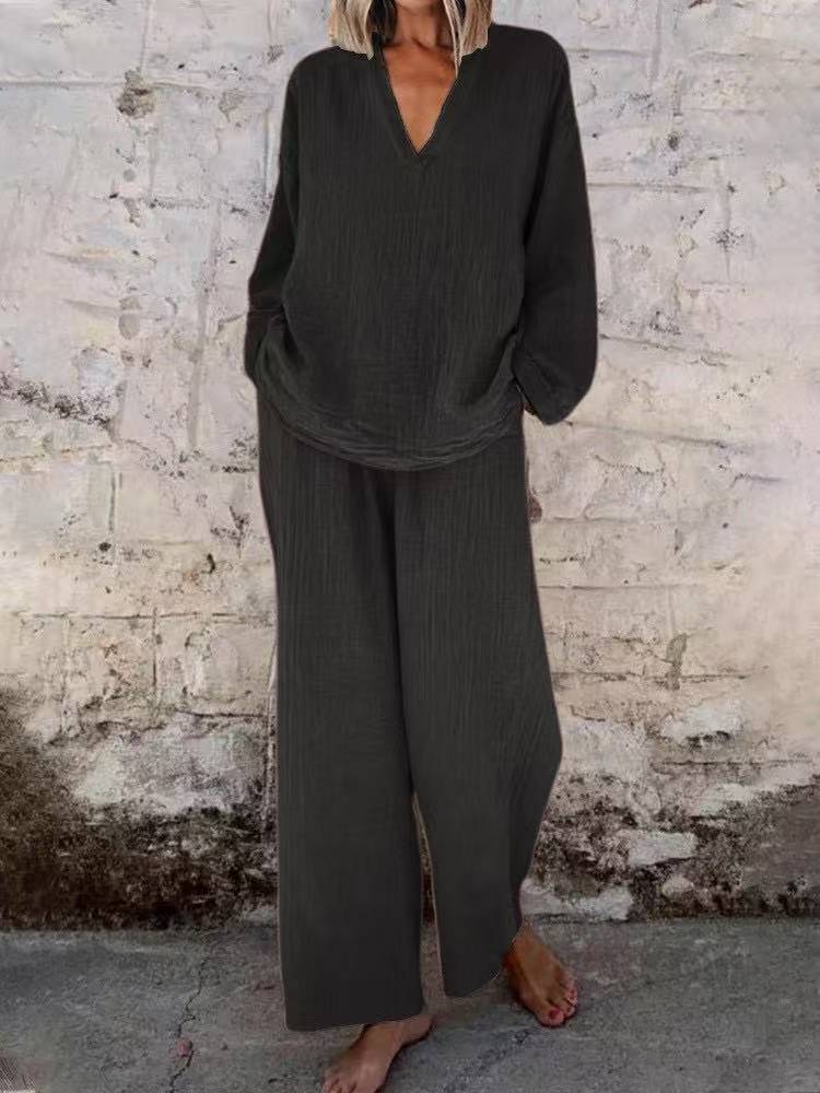 Women's Cotton Linen Two Piece Set Casual V Neck Long Sleeve Top and Wide Leg Pants Relaxed Matching Outfit - Seldom Seen Styles