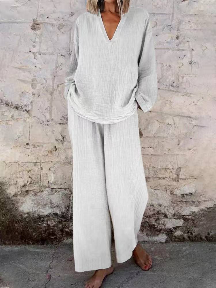 Women's Cotton Linen Two Piece Set Casual V Neck Long Sleeve Top and Wide Leg Pants Relaxed Matching Outfit - Seldom Seen Styles