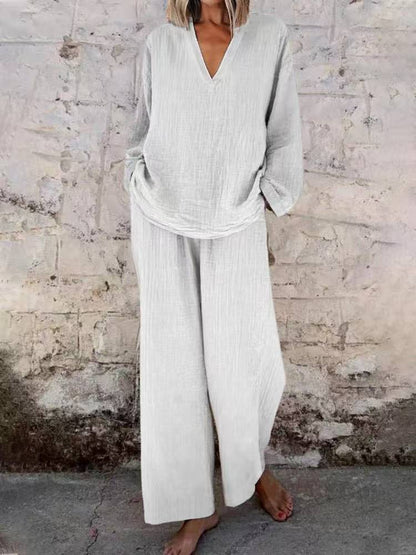 Women's Cotton Linen Two Piece Set Casual V Neck Long Sleeve Top and Wide Leg Pants Relaxed Matching Outfit