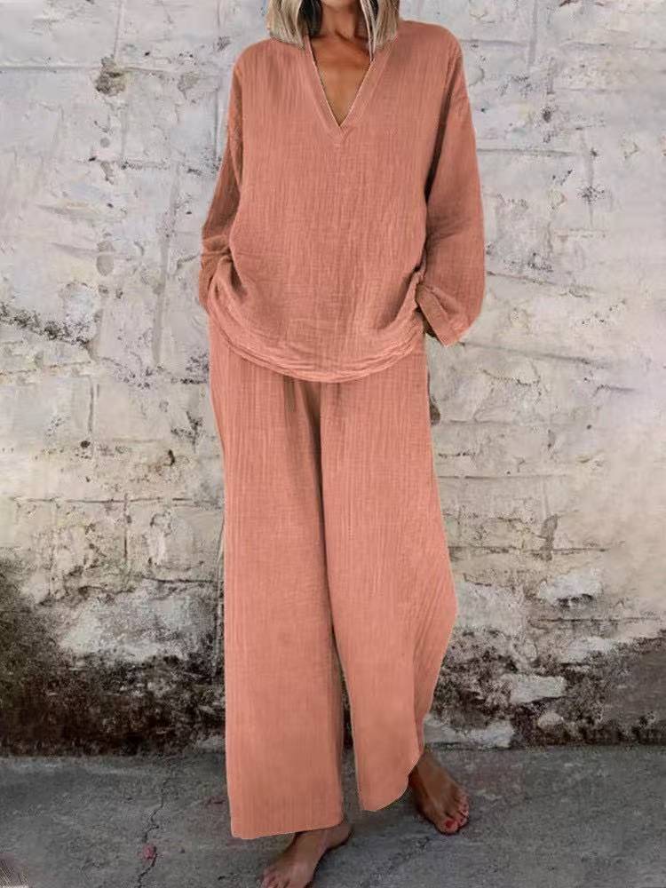 Women's Cotton Linen Two Piece Set Casual V Neck Long Sleeve Top and Wide Leg Pants Relaxed Matching Outfit - Seldom Seen Styles