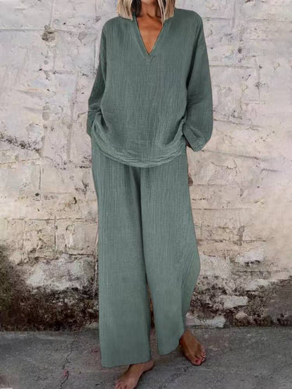 Women's Cotton Linen Two Piece Set Casual V Neck Long Sleeve Top and Wide Leg Pants Relaxed Matching Outfit
