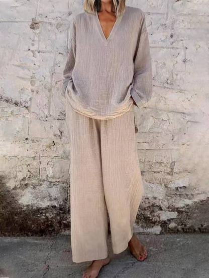 Women's Cotton Linen Two Piece Set Casual V Neck Long Sleeve Top and Wide Leg Pants Relaxed Matching Outfit