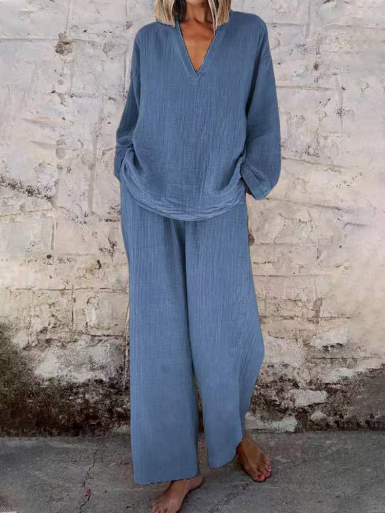 Women's Cotton Linen Two Piece Set Casual V Neck Long Sleeve Top and Wide Leg Pants Relaxed Matching Outfit - Seldom Seen Styles