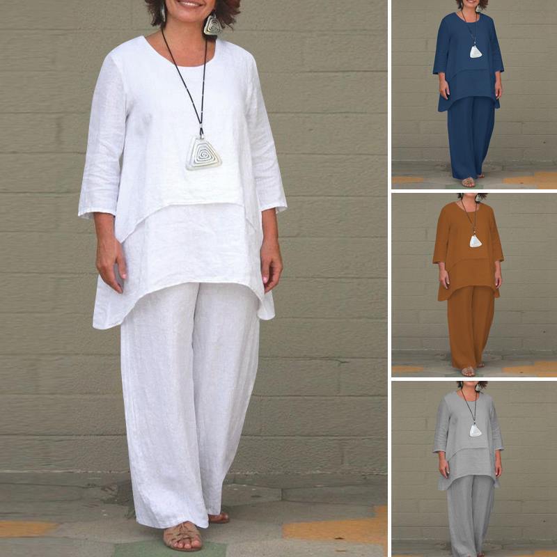Women's Cotton Linen Two Piece Set Irregular Tunic Top & Wide Leg Pants Casual Loose Fit Outfit - Seldom Seen Styles