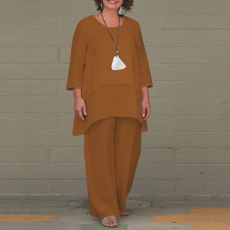 Women's Cotton Linen Two Piece Set Irregular Tunic Top & Wide Leg Pants Casual Loose Fit Outfit - Seldom Seen Styles