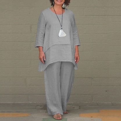 Women's Cotton Linen Two Piece Set Irregular Tunic Top & Wide Leg Pants Casual Loose Fit Outfit