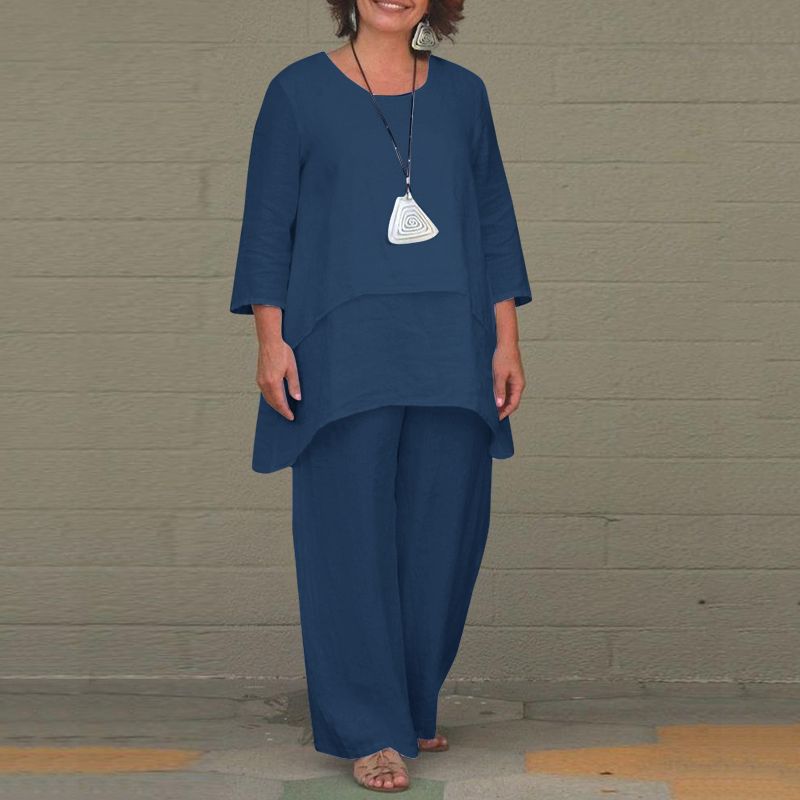 Women's Cotton Linen Two Piece Set Irregular Tunic Top & Wide Leg Pants Casual Loose Fit Outfit - Seldom Seen Styles