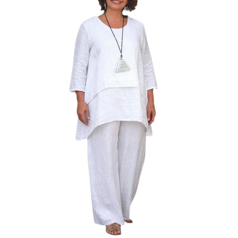 Women's Cotton Linen Two Piece Set Irregular Tunic Top & Wide Leg Pants Casual Loose Fit Outfit - Seldom Seen Styles