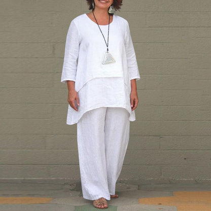Women's Cotton Linen Two Piece Set Irregular Tunic Top & Wide Leg Pants Casual Loose Fit Outfit