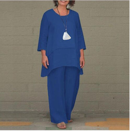 Women's Cotton Linen Two Piece Set Irregular Tunic Top & Wide Leg Pants Casual Loose Fit Outfit