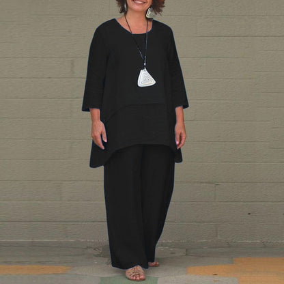 Women's Cotton Linen Two Piece Set Irregular Tunic Top & Wide Leg Pants Casual Loose Fit Outfit