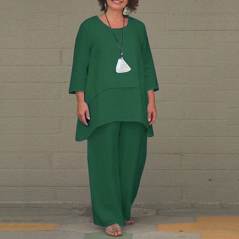 Women's Cotton Linen Two Piece Set Irregular Tunic Top & Wide Leg Pants Casual Loose Fit Outfit - Seldom Seen Styles