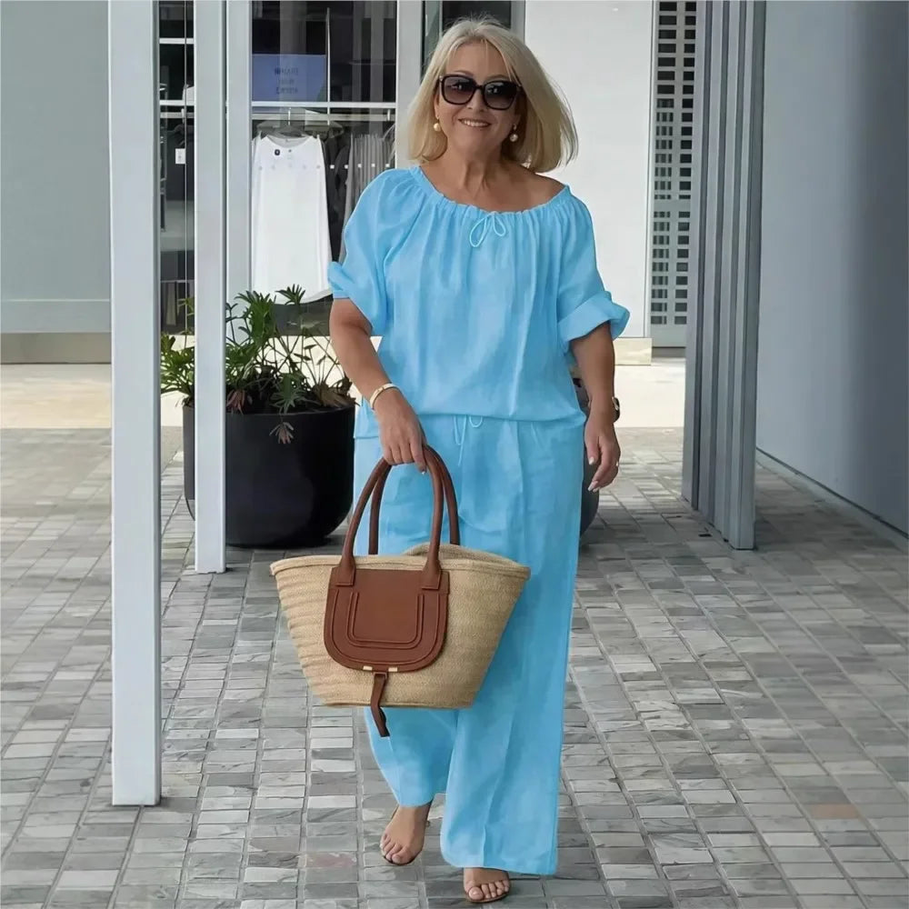 Women's Cotton Linen Two Piece Set Loose Fit Relaxed Top High Waist Pants Casual Summer Beach Vacation Lounge Outfit - Seldom Seen Styles