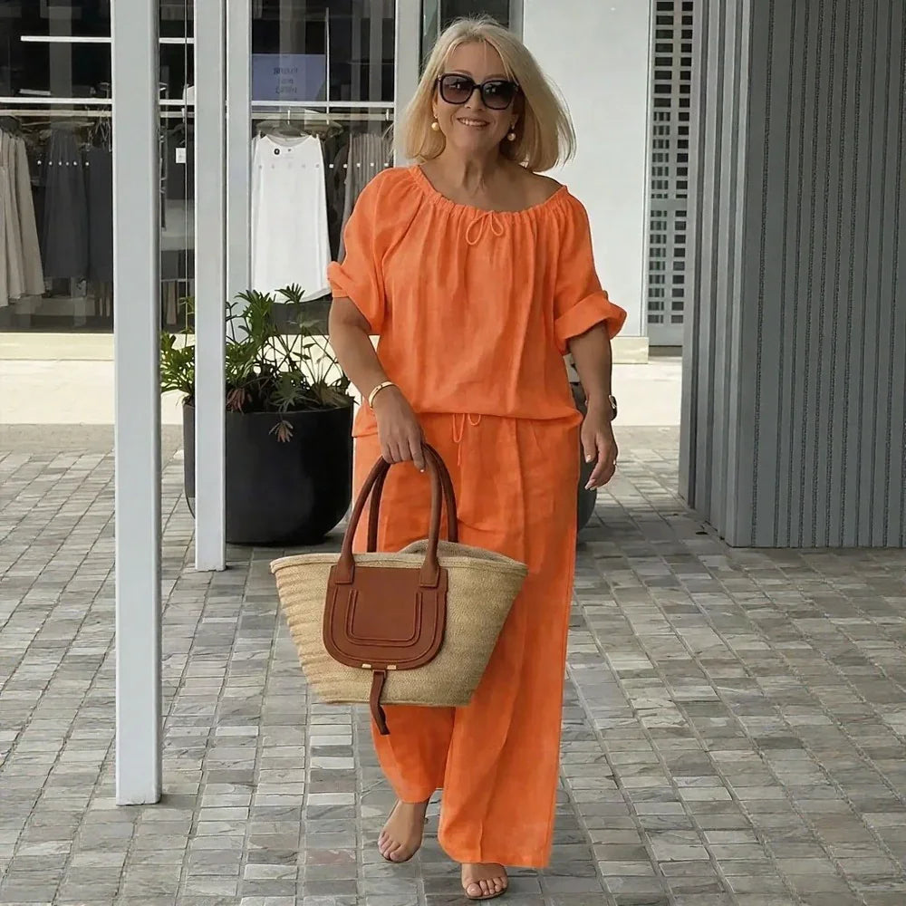 Women's Cotton Linen Two Piece Set Loose Fit Relaxed Top High Waist Pants Casual Summer Beach Vacation Lounge Outfit - Seldom Seen Styles